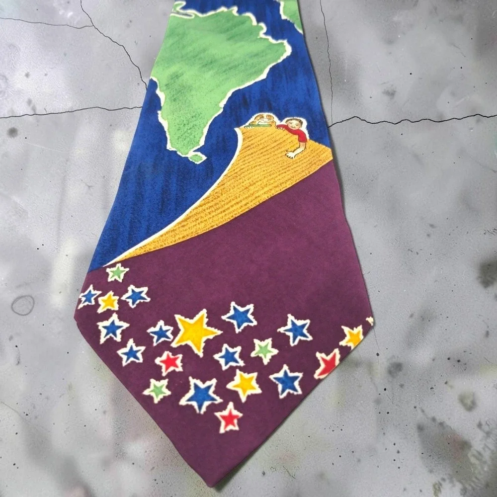 VTG Save the Children Silk Tie World Map Stars Michael Age 13 Blue Purple Mens